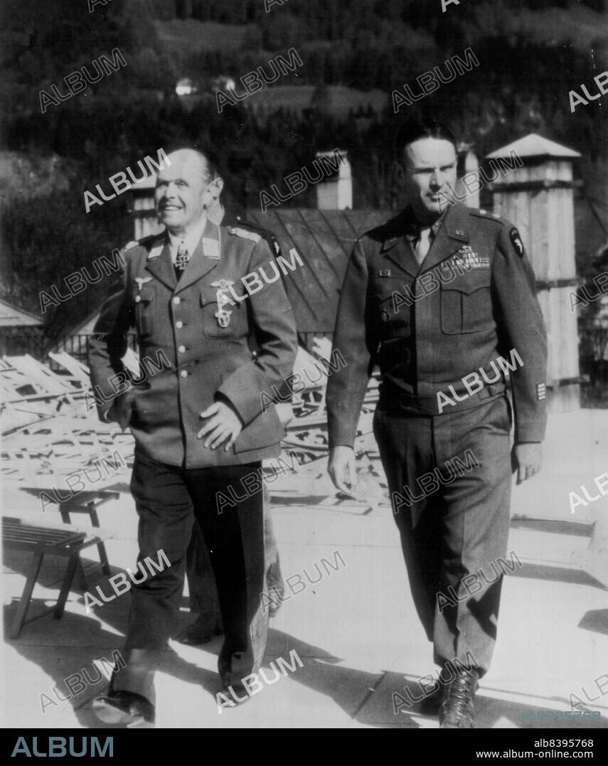 Kesselring And His Captor -- Field Marshal Albert Von Kesselring (Left), at Various Times Commander of the German forces in Italy, the Western front and Northwest Germany, walks with Maj. Gen. Seventh Army, in the Gardens at Berchtesgaden Hotel, where the German Surrendered his Troops to Taylor on May 10.Gen. Taylor has been "living" with the Vietnam war since President Kennedy recalled him to active service on July 1, 1961. May 18, 1945. (Photo by AP Wirephoto).