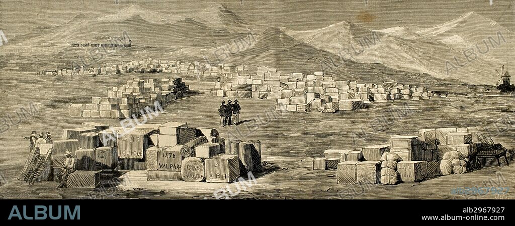 War of the Pacific (1879-1883). Western South America with Bolivia and Peru in front of Chile as a belligerant. Iquique. Lepanto camp established by the Spanish merchants on the outskirts of the town. Engraving by E. Vela. La Ilustracio_n Espan_ola y Americana, 1879.
