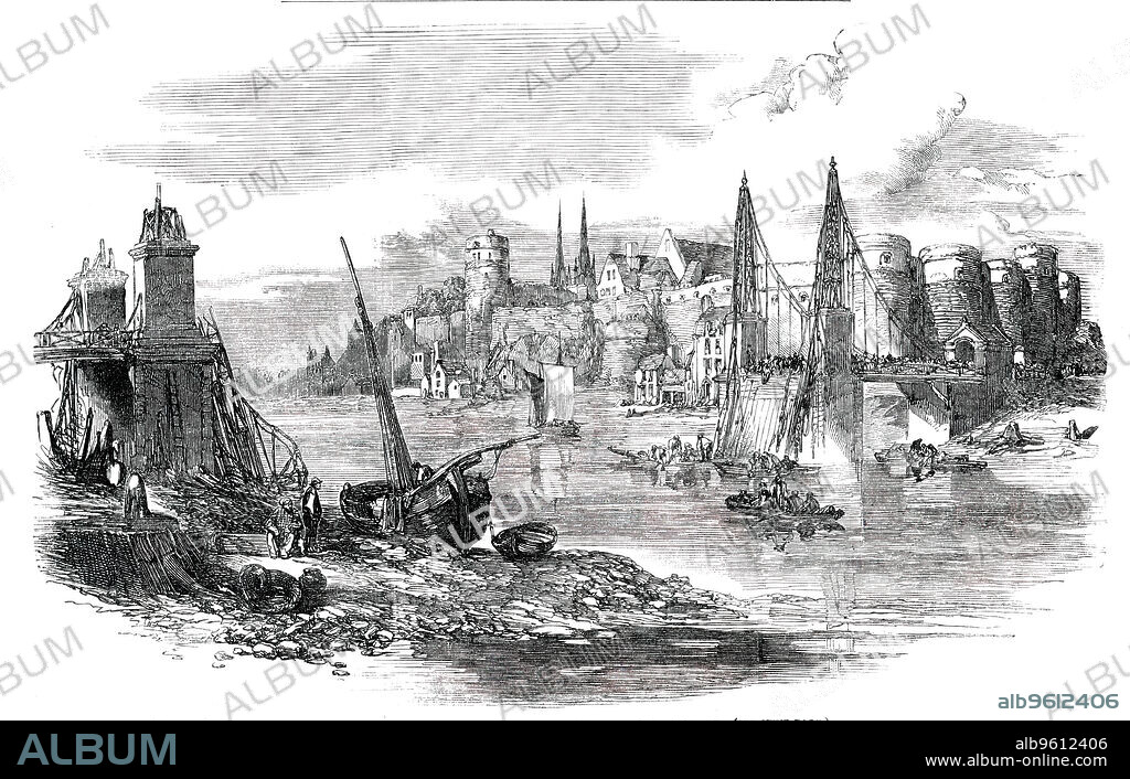 Remains of the Suspension-Bridge at Angers [in France], after the Late Accident, 1850. '...a squadron of Hussars...had crossed over the suspension-bridge of the Basse Maine without any accident, although the wind blew very heavily...and the river was much agitated...Reiterated warnings were given to the troops to break into sections...but the rain falling heavily at the time, the warning was disregarded...The suspending chains at first gave way on one side only, when the soldiers on the bridge, feeling the movement of the floor of the bridge, naturally rushed to the other side, when the chains there also gave way, and the whole floor of the bridge fell...a horrible crash was heard...The whole town rushed to the spot to give assistance. In spite of the storm which was raging, all the boats that could be got at were launched to pick up the soldiers in the river...'. From "Illustrated London News", 1850.