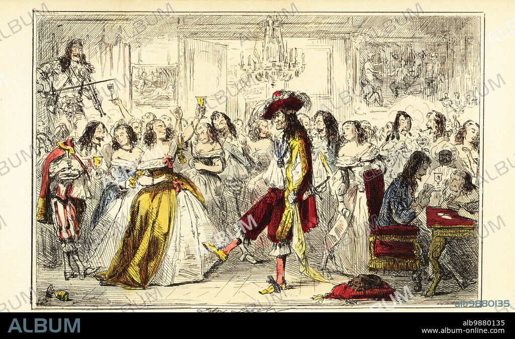 King Charles II at a dance party during the Restoration, circa 1660. A wild ball with dancing, music, card games, tobacco smoking, drinking, courtesans, and fops. Evening Party. Time of Charles II. Handcoloured steel engraving after an illustration by John Leech from Gilbert Abbott ABecketts Comic History of England, Bradbury, Agnew & Co., London, 1880.