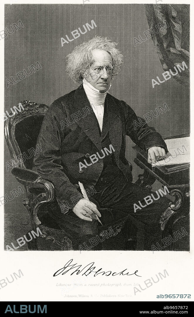 Sir John Frederick William Herschel, 1st Baronet (1792-1871), English Polymath who Invented the Blue Print, Three-Quarter Length Seated Portrait, Steel Engraving, Portrait Gallery of Eminent Men and Women of Europe and America by Evert A. Duyckinck, Published by Henry J. Johnson, Johnson, Wilson & Company, New York, 1873.