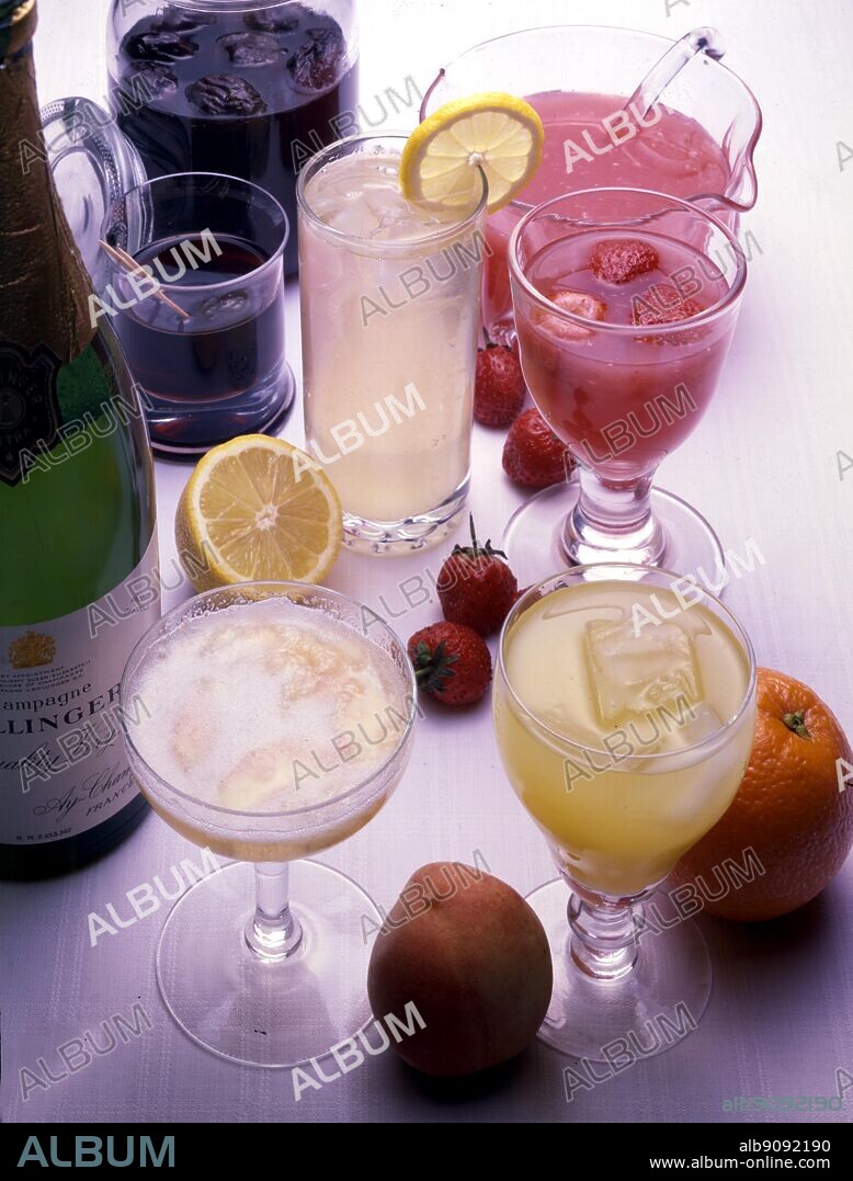 Pruneaux au vin rouge. Prunes in Red Wine. Punch au vin blanc. White Wine Punch. Boisson d'apres-diner. Summer after Dinner Drink. Boisson d'ete. Non alcoholic Raspberry Drink. Orange et citronnade. Non alcohollic orange and lemon drink.