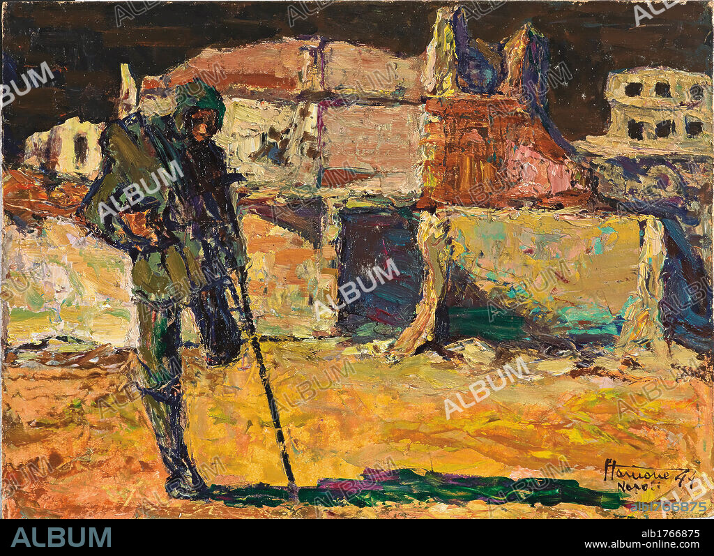 Veteran, by Federico Starnone, 1944, 20th Century, cm 17 x 23 x 2,5. Italy, Campania, Naples, Novecento Museum. All. Soldier uniform veteran wounded invalid crutches city ruins fallen buildings rubble wreckage.  Please remember that author's rights have to be cleared for modern and contemporary works of arts.