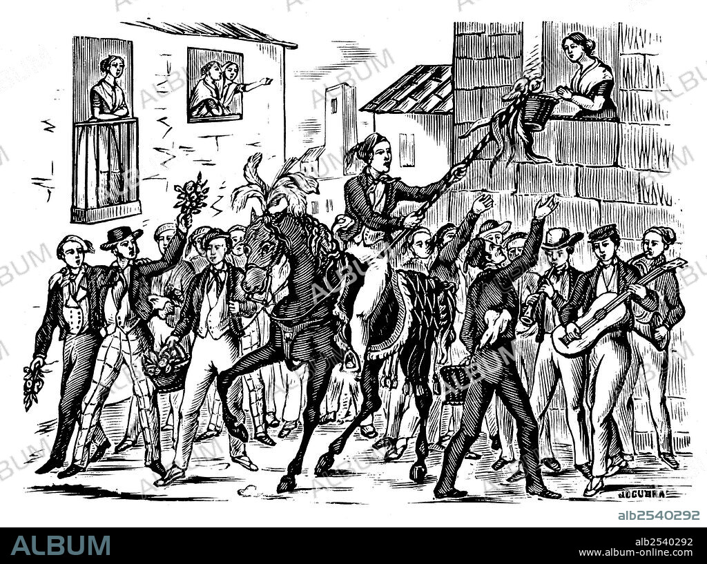 Caramelles; fiesta popular catalana. Grabado del siglo XIX.