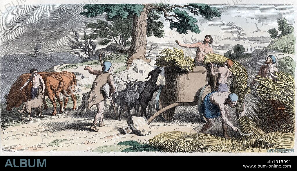 Historia Antigua. Grecia. Labores agrícolas, recolección de mieses. Grabado alemán de 1865.