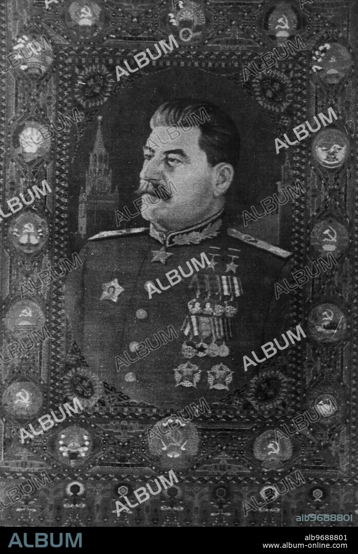 Great perfection is reached by folk artists who have preserved the age-old traditions of the popular art. Folk artists make frequent use of the figure of Joseph Stalin in their work. This is a carpet with a woven portrait of Stalin made by Armenian carpet weavers from a drawing by D.Karanfelyan a connoisseur of Armenian folk art. Undated. Supplied by: SCRSS - Society for Co-operation in Russian & Soviet Studies.