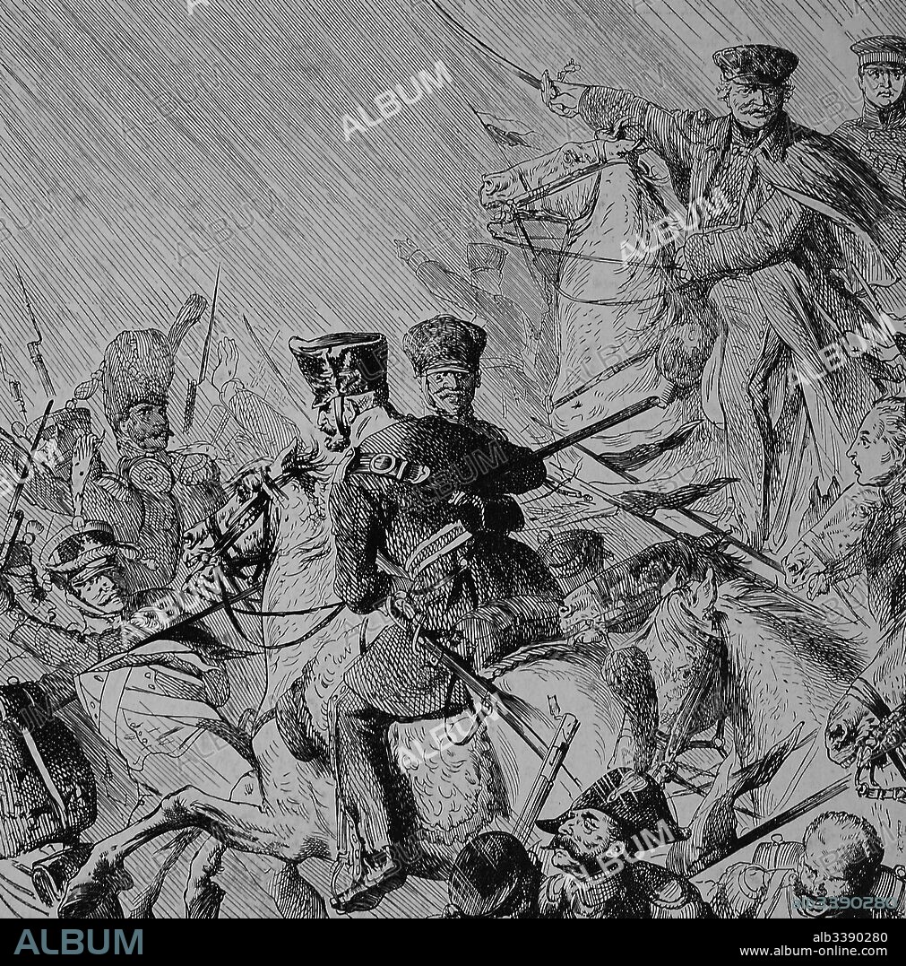 The Battle of the Katzbach on 26 August 1813, which was an engagement of the Napoleonic Wars, field marshal Gebhard Leberecht von Bluecher, historical illustration.