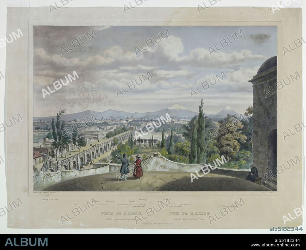 View of Mexico City, S. Sarokins, active 19th c., Félix Achille Saint-Aulaire, French, 1801 - after 1838, Chromolithograph on paper, Panoramic view of Mexico City, with the Aqueduct de San Cosmé at the left and Mount Popocatepetl at right. Below, monuments indicated, and title in French and Spanish; also artists' and publisher's names., Paris, France, 18301840, Print, Print.