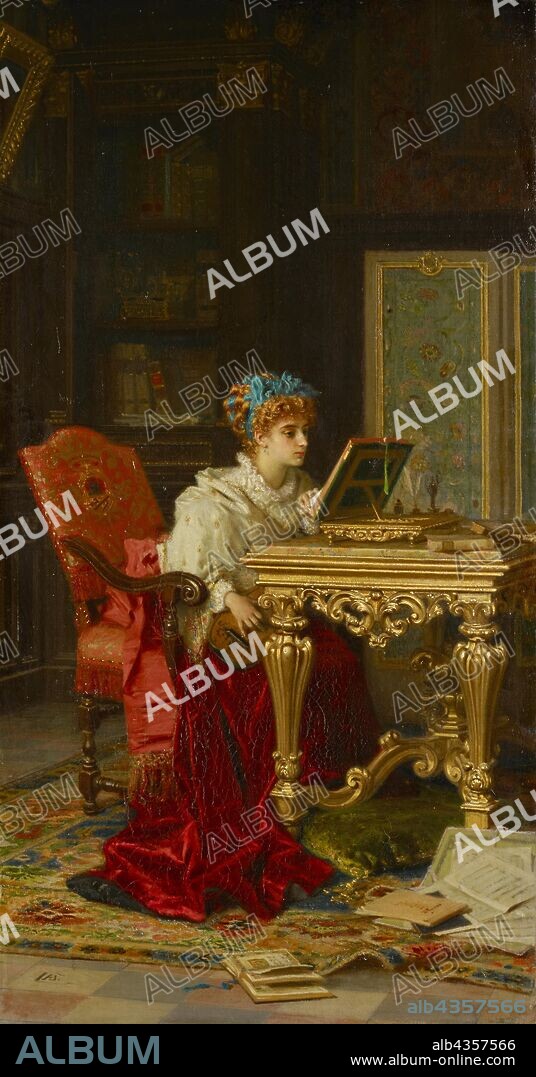 A Music Lady (Irene di Spilimbergo), 1877, oil on canvas, 85.5 x 46.5 cm, monogrammed lower left .: CAB., [AB ligated and included in C], signed and dated on the back of the canvas in black color: ABarzhi-Cat-, taneo-Milano, 1877-, Antonio Barzaghi-Cattaneo, Lugano 1834–1922 Lugano-Paradiso.