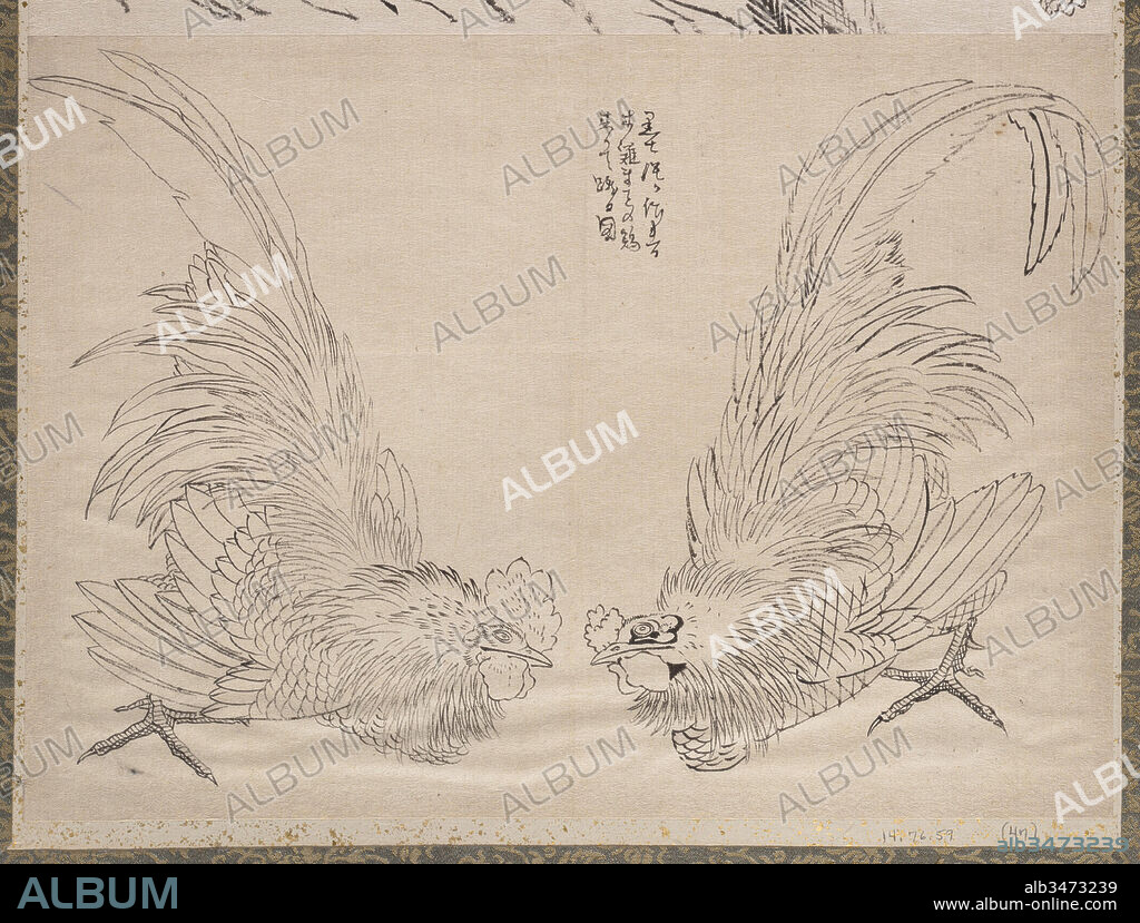 ????? ??????, Album of Sketches by Katsushika Hokusai and His Disciples, Edo period (1615–1868), 19th century, Japan, Album of ninety-seven leaves; ink and color on paper, Each leaf: 15 1/2 x 10 1/2 in. (39.4 x 26.7 cm), Paintings, Katsushika Hokusai (Japanese, Tokyo (Edo) 1760–1849 Tokyo (Edo)), The brush-inscribed text between the two roosters explains the odd dynamic of this work: A drawing of a real rooster coming to fight the wooden rooster made by Suminawa. (Suminawa ga tsukereru ki no niwatori makoto no niwatori kitaritekeru zu) This unsigned drawing is virtually identical to a woodblock-printed illustration published in the popular novel The Tale of the Craftsman of Hida (Hida no takumi monogatari, 1809), authored by Rokujuen Meshimori (1753–1830) and illustrated by Hokusai.