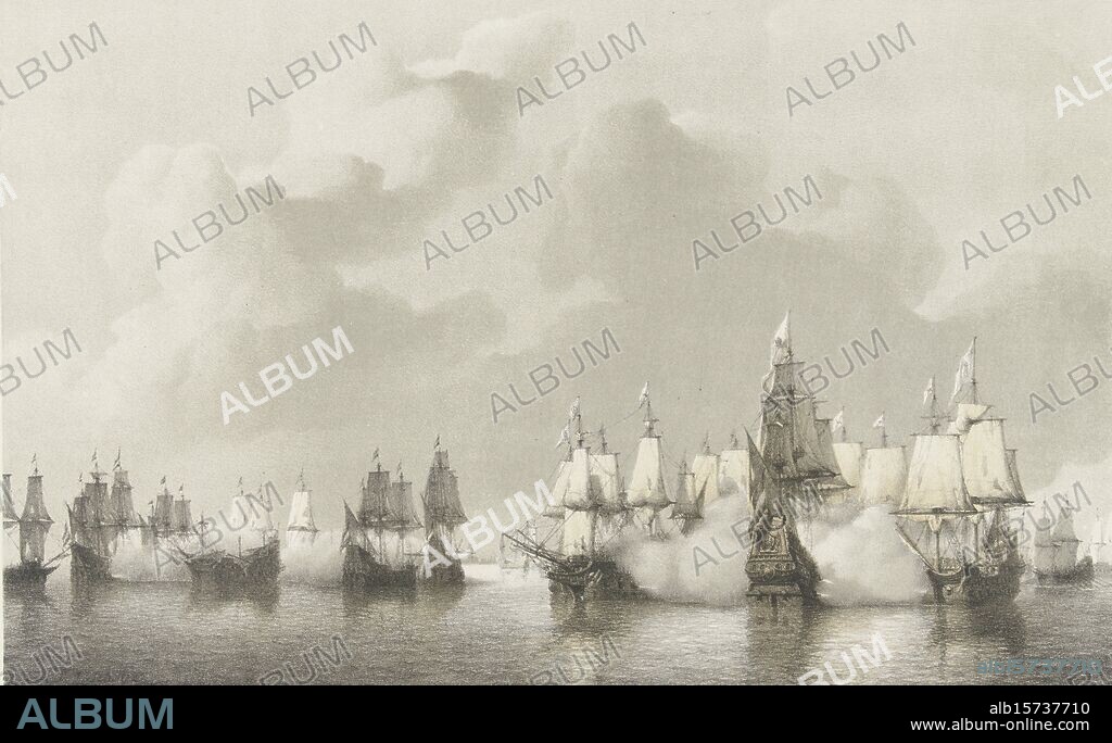 Sea battle for Dunkirk, 1639, Sea battle for Dunkirk 18 February 1639, Combat naval pres Dunkerque 18 Fevrier 1639 (title on object), Sea battle off the coast of Dunkirk, 18 February 1639. Battle between the Dutch fleet under Maarten Harpertszoon Tromp and a Spanish fleet who tries to break the blockade of the port., print, print maker: Petrus Johannes Schotel, (mentioned on object), after drawing by: Petrus Johannes Schotel, (mentioned on object), publisher: Frans Buffa en Zonen, (mentioned on object), print maker: Netherlands, publisher: Amsterdam, 1848 - 1855, paper, height, 364 mm × width, 552 mm.