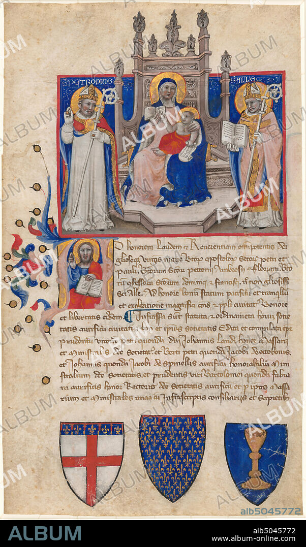 Niccolò di Giacomo da Bologna, (artist), Bolognese, active 1348/1399, Madonna and Child Enthroned between Saints Petronius and Alle (Eligius); Christ in the Initial A, Leaf (Headpiece) from a copy of the 1383 Statues and Ordinances of the Goldsmith's Guild of Bologna, (series), in or after 1383, miniature on vellum, overall: 35.6 x 21 cm (14 x 8 1/4 in.).