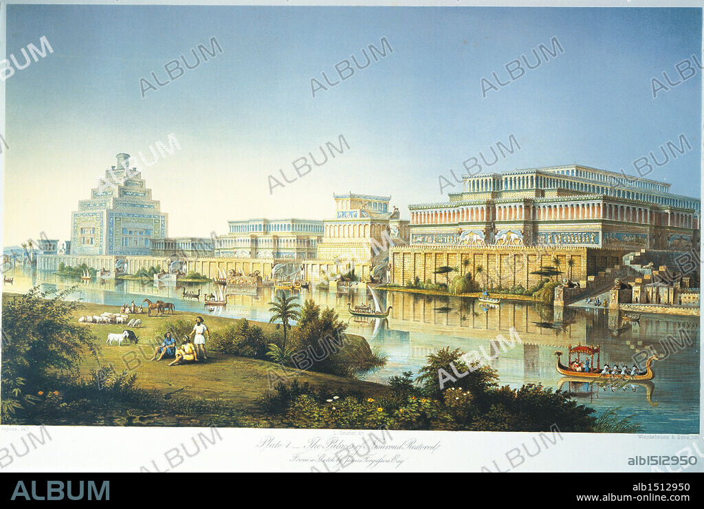 Persian civilization. Reconstruction of the palaces of Nimrud. Engraving by H. Layard, 1853.