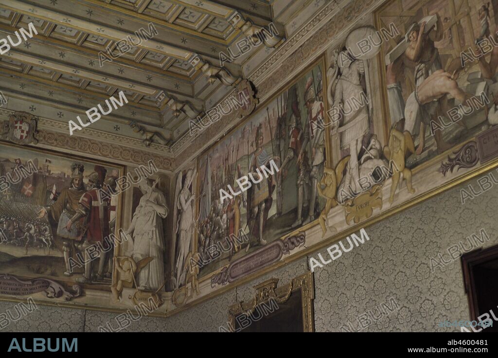 Palacio del Gran Maestre. Construído entre los siglos XVI y XVIII, fue la residencia del Gran Maestre de la Orden de San Juan. Interior. La Valeta. Malta. Sala de los Pajes. Sala de espera para los jóvenes cargos del Gran Maestro. Detalle del friso con pinturas murales de Leonello Spada con escenas de la historia de la Orden. La Valeta. Malta.