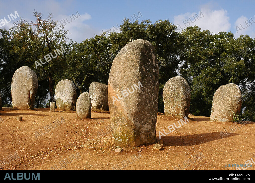 The Cromlech of the Almendres. Megalithic complex: Cromlechs and menhirs stones. 6th millennium BC. Neolithic. Near Evora. Alentejo region. Portugal.