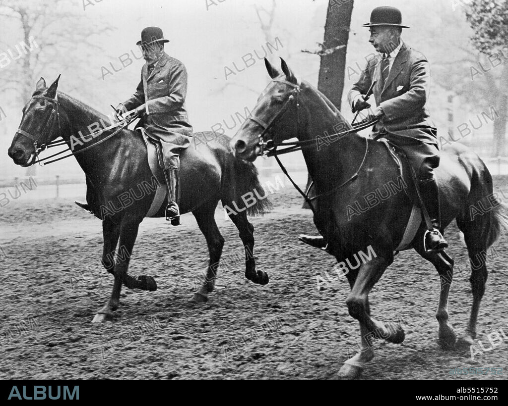 The King out Riding For The First Time This Year.The King riding in the Row, accompanied by Colonel Sir Arthur Erkino, the Crown Equerry.For the first time this year the King took his ride in the Row in the early morning. He drove to Hyde Park and mounted there. May 30, 1932.