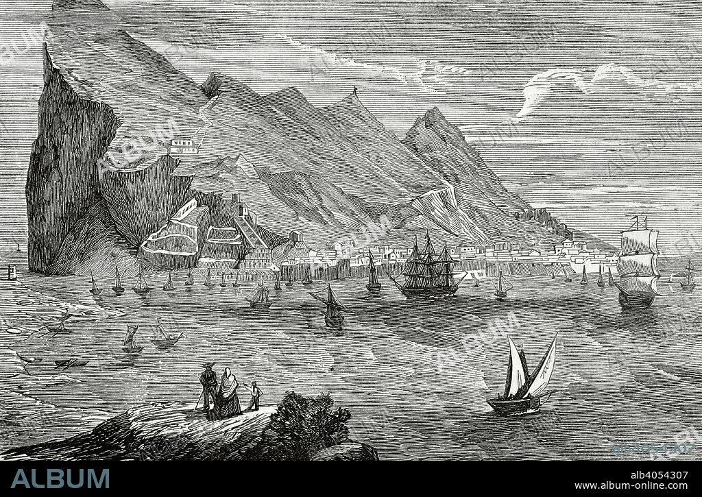 Península Ibérica. Vista de Gibraltar. Grabado. Crónica General de España, Historia Ilustrada y Descriptiva de sus Provincias. Andalucía, 1867. Biblioteca Histórico Militar de Barcelona, Cataluña, España.