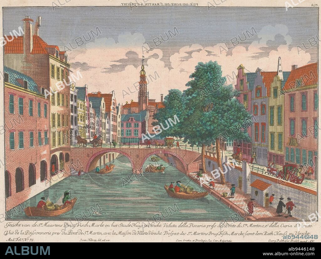 View of the Maartensbrug over the Oudegracht in Utrecht, Georg Balthasar Probst, after Johannes van Hiltrop, 1742 - 1801, On the right the Vismarkt. In the background the city hall. Numbered top right: 293. Lower left numbered: 72., publisher: Georg Balthasar Probst, (mentioned on object), print maker: anonymous, intermediary draughtsman: Johannes van Hiltrop, (mentioned on object), publisher: Augsburg, print maker: Germany, 1742 - 1801, paper, etching, brush, h 315 mm × w 422 mm.