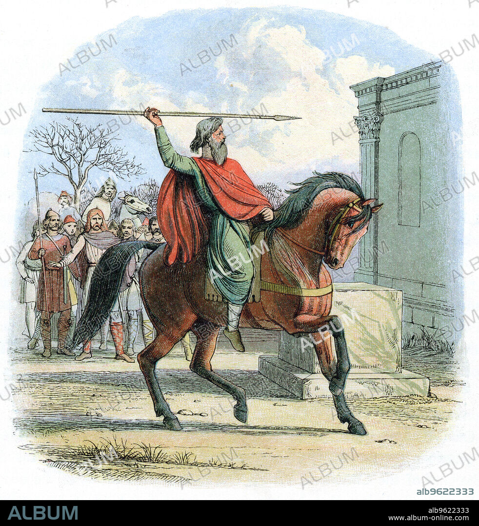 High priest Coifi profaning the temple of the idols, England, 7th century (1864). Coifi was the priest of the temple of Goodmanham in Northumbria in 627. According to the account of the Venerable Bede, Coifi's rejection of his religion in favour of Christianity assisted in persuading King Edwin of Northumbria to convert to Christianity.