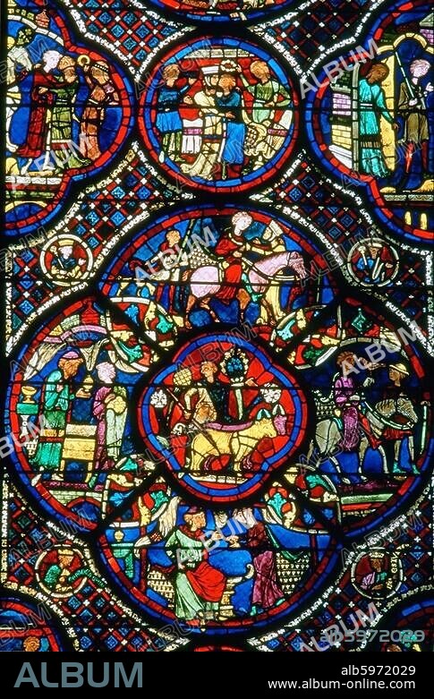 Bourges (Dép.Cher, Frankreich), Kathedrale / Cathédrale Saint-Étienne, Glasfenster des Chorumgangs.-Das Gleichnis vom Verlorenen Sohn.-Ausschnitt aus dem Fenster des Verlorenen Sohnes. Glasmalerei, französisch, 13.Jh.