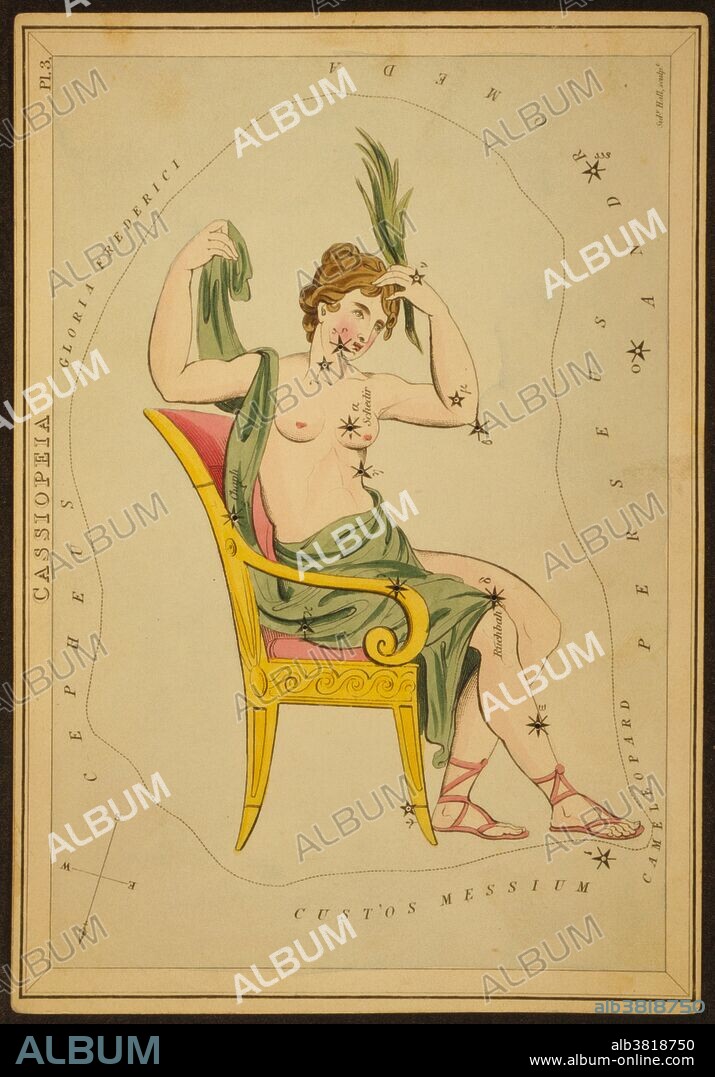 Astronomical chart showing Cassiopeia seated in a chair forming the constellation. Cassiopeia is a constellation in the northern sky, named after the vain queen Cassiopeia in Greek mythology, who boasted about her unrivaled beauty. Cassiopeia was one of the 48 constellations listed by the 2nd century Greek astronomer Ptolemy, and it remains one of the 88 modern constellations defined by the International Astronomical Union. It is easily recognizable due to its distinctive 'W' shape, formed by five bright stars. It is bordered by Andromeda to the south, Perseus to the southeast, and Cepheus to the north. She is opposite the Big Dipper, and from northern latitudes can be seen at her clearest in early November. Urania's Mirror is a boxed set of 32 constellation cards first published by Samuel Leigh of the Strand, London, in or shortly before 1825. An unidentified lady, referred to by her nom-de-plume, Jehoshaphat Aspin, designed these whimsical astronomy cards. The engraver was Sidney Hall.