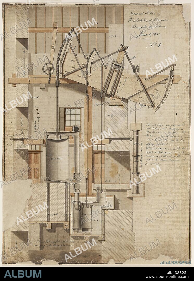 Engineering Drawing - James Watt, General Section of Wanlockhead Engine, Sheet No.1, Jun 1785, Hand-coloured ink and watercolour drawing showing a general cross-section of an atmospheric condensing beam pumping engine designed by James Watt and supplied by the firm Bolton & Watt, of Birmingham, to the Margaret Mine, at Wanlockhead, Dumfries, Scotland, in 1785-86. Scale: 1/3 inch to 1 foot. The drawing is part of a set of technical drawings supplied by the manufacturers showing general.