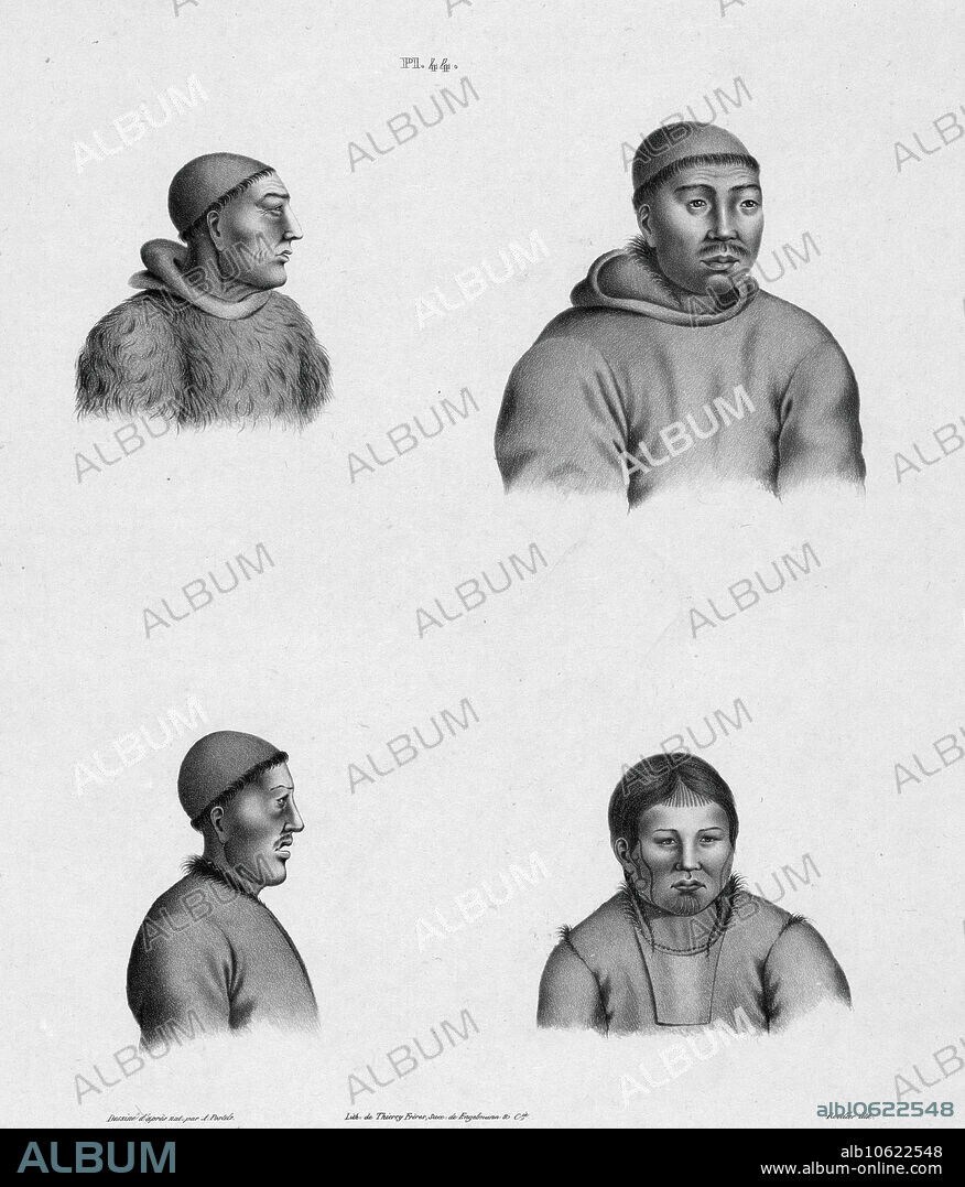 GODEFROY ENGELMANN and ALEXANDER POSTELS. Inhabitants of the Country of the Chukchis, Northeast Coast of Asia, 19th century. One of 65 lithographs that were included in the volume of maps published after the round-the-world voyage of the corvette Seniavin commissioned by Tsar Nicholas I and carried out in 1826-29 under the command of Captain Fedor Litke (the Russian version of the name of Count Friedrich Lu¨tke, a Baltic German). The expedition began in Kronstadt (the main imperial Russian naval base near Saint Petersburg where Russian circumnavigations typically began and ended); it then traveled around Cape Horn to the Pacific Ocean. This voyage was one of many Russian scientific naval surveys in the first part of the 19th century.