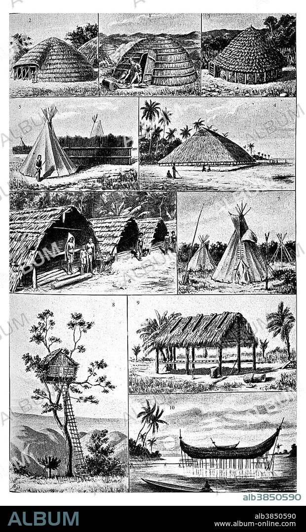 Dwellings of primitive peoples I, 1 Kaffir hut, 2 Waganda hut, 3 Momfu hut, Africa, 4 house of the Utiroa, Gilbert Islands, 5 tent and windshield of the Arapahoe Indians, 6 Buka huts, Solomon Islands, 7 tent of the Omaha Indians, 8 treehouse from New Guinea, 9 Seminole hut, Florida 10 men - and community center in New Guinea Dore, Illustration, Meyers, 1897