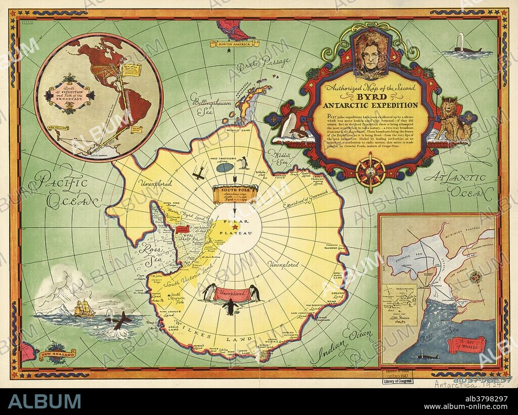 Second Byrd Antarctic Expedition, historical map. This expedition took place between 1933 and 1935, and followed an earlier expedition from 1928 to 1930. It was led by the US polar explorer and naval officer Richard Evelyn Byrd (1888-1957, depicted at upper right). On these, and later expeditions, Byrd used ships, airplanes and dog sleds to establish Antarctic bases. The Byrd expeditions laid the foundations for Operation Highjump, during World War II, and the later Operation Deep Freeze that established permanent bases in Antarctica in the 1950s. The inset at upper left shows the routes taken from the USA and New Zealand. The inset at lower right shows the Bay of Whales and the Ross Ice Shelf.