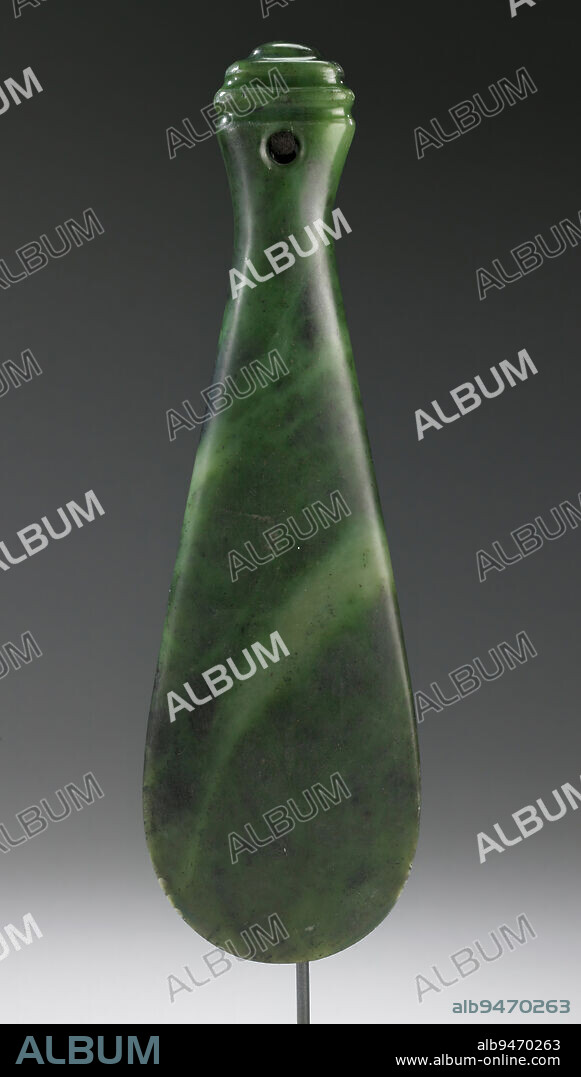 Mere Pounamu, 13 x 4 x 1 in. (33.02 x 10.16 x 2.54 cm), Nephrite, Aotearoa (New Zealand), Among the Maori, weapons were regarded as treasured heirlooms, and those made of nephrite, also called New Zealand jade, were the most precious of all. This prestigious club would have been a chiefly weapon, intended for hand-to-hand combat. The warrior would grasp it with either hand and attack the enemy with short slicing or thrusting motions. This type of club was also a status symbol, worn tucked into the belt before battle, and stored in a secret place when not in use.