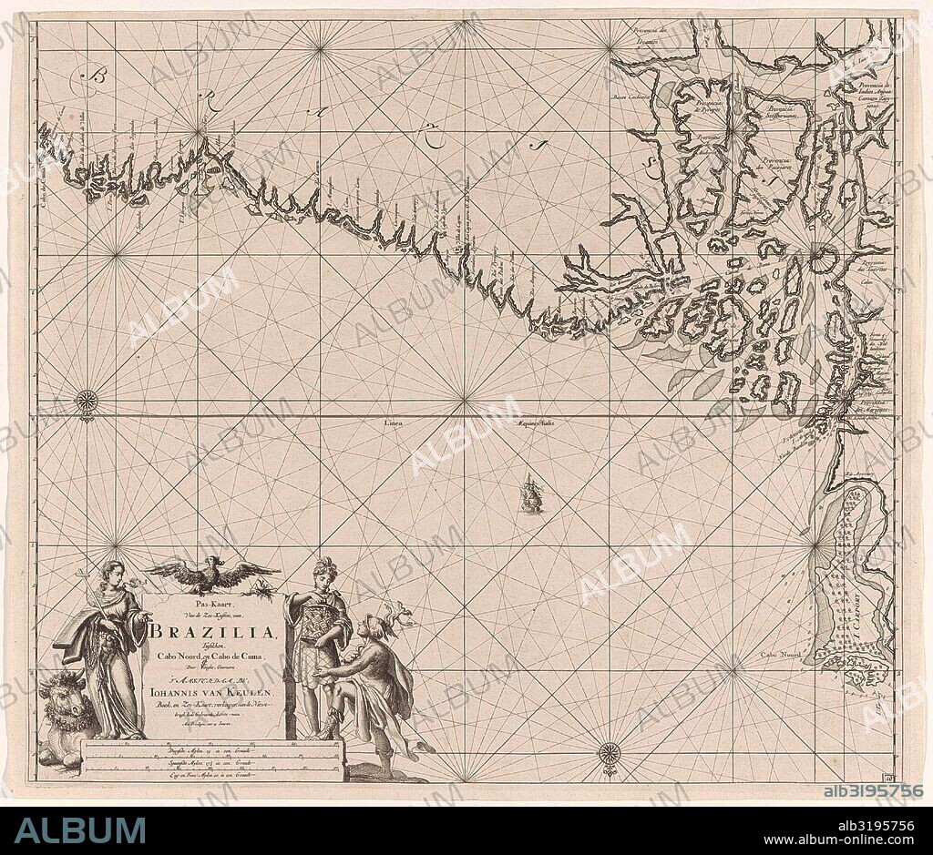 Sea chart of part of the coast of Brazil with the delta of the Amazon river, print maker: Jan Luyken, Claes Jansz Voogt, Johannes van Keulen I, 1683 - 1799.