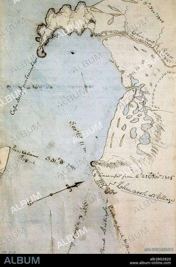 Map of Gray's Bay, in Pacific and Wahkiakum counties, Washington state, made by William Clark (of Lewis & Clark) in November 1805. The bay was originally mistaken for the Pacific ocean, leading to the moniker of "Cape Disappointment" visible on the upper left. Commissioned by President Thomas Jefferson and led by Meriwether Lewis and William Clark, the expedition had several goals; to study the area's plants, animal life, and geography, to discover how the region could be exploited economically and to find a direct and practicable water route for commerce with Asia (the Northwest Passage).They were accompanied by a fifteen-year-old Shoshone Indian woman, Sacagawea, the wife of a French-Canadian fur trader. After crossing the Rocky Mountains, the expedition reached the Pacific Ocean in present-day Oregon in November 1805. They returned in 1806, bringing with them an immense amount of information about the region as well as numerous plant and animal specimens.