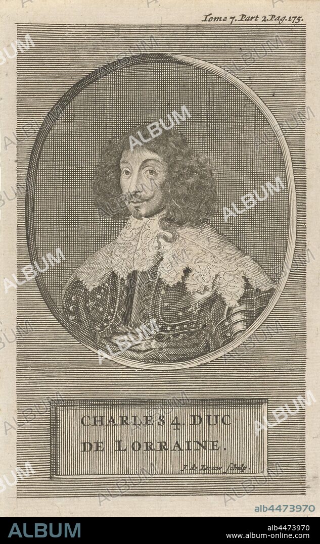 Portrait of Charles V Leopold, Duke of Lorraine, Portrait bust in oval to the left of Charles V Leopold, bareheaded and dressed in armor. Below the portrait, the name of the person portrayed is written on a plaque. Print on the top right: Tome 7. Part 2. Pag. 175, Charles V Leopold (Duke of Lorraine), Jan de Leeuw (mentioned on object), 1704, paper, engraving, h 156 mm × w 95 mm.