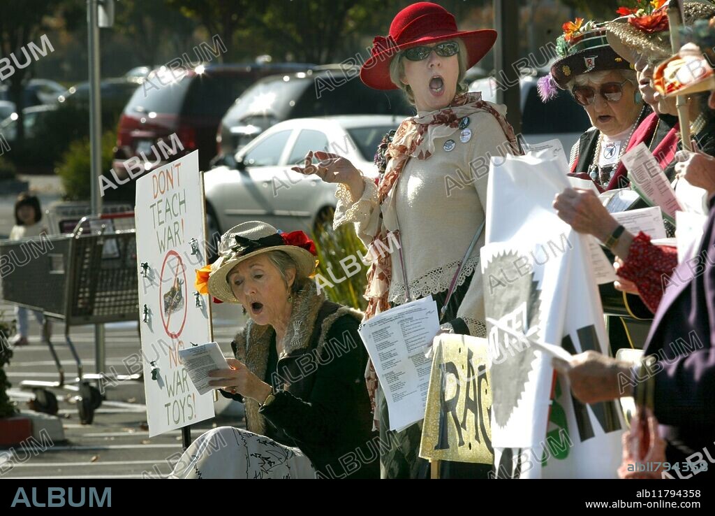 Sunnyvale, California,-- The San Francisco Peninsula Raging Grannies protest outside Toys R Us in Sunnyvale on Friday, November 26, 2004, asking parents not to buy violent toys. Grannies are not happy that Toys R Us continues to sell toys depicting war and violence.