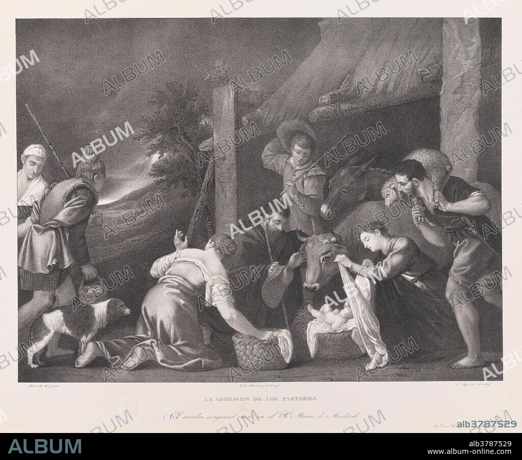 LUIS CARLOS LEGRAND y JOSE DE MADRAZO Y AGUDO. Luis Carlos Legrand (Litógrafo) (Autor de la obra original Orrente, Pedro de); José de Madrazo y Agudo (Director); Real Establecimiento Litográfico de Madrid (Estampador) / 'Adoración de los pastores'. 1832 - 1837. Aguatinta litográfica, Litografía a lápiz, Litografía a pluma, Estampación sobre papel china, Raspador sobre papel avitelado, 480 x 625 mm.