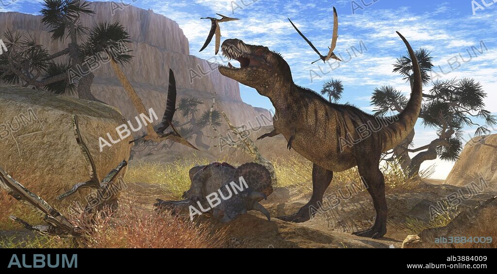 A Tyrannosaurus Rex attempts to eat his Triceratops kill while Pteranodons harass him.
