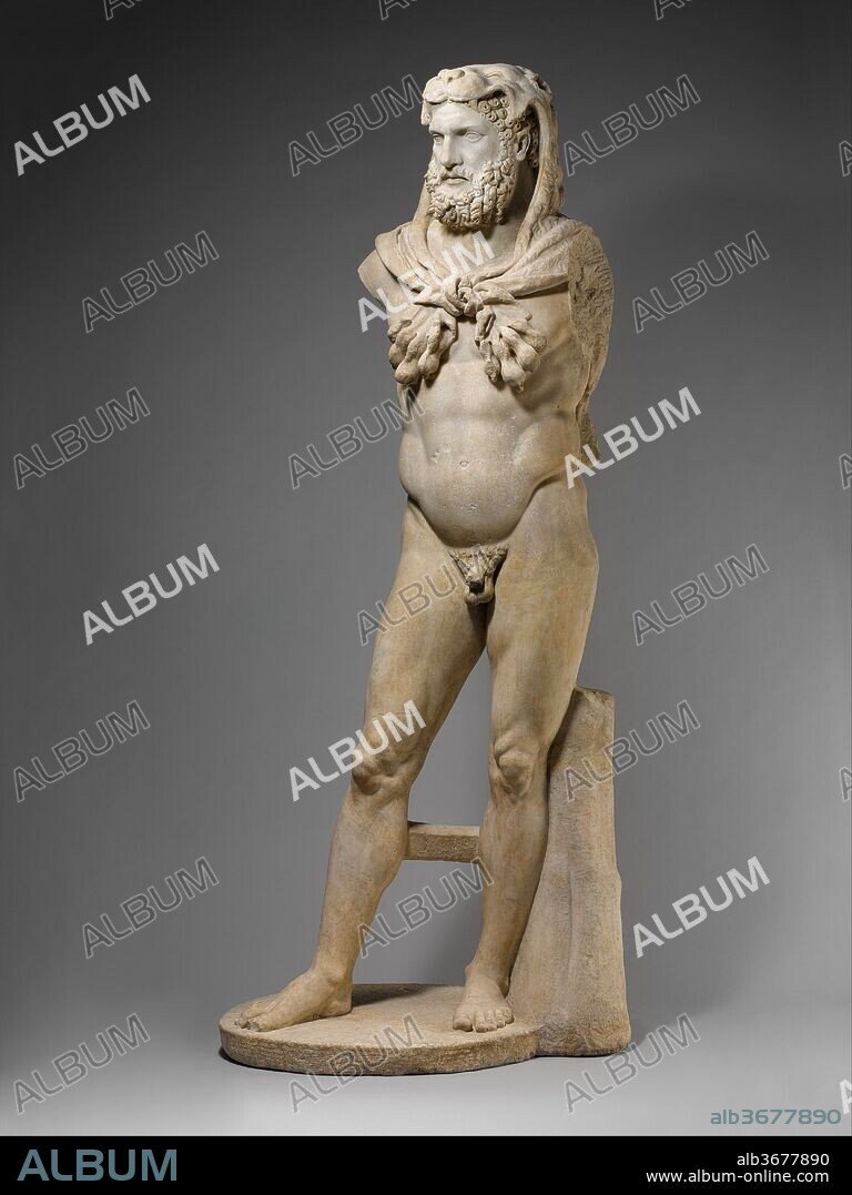 Marble statue of a bearded Hercules. Culture: Roman. Dimensions: H. without pedestal 93 3/4 in. (238.20 cm.). Date: A.D. 68-98.
Restorations made during the early 17th century: both legs, the plinth, the support at the left leg, pieces in the lion's skin. The arms were also restored but have been removed.
This statue and the over-life-sized statue of Hercules across the courtyard in all probability were made as a pair to decorate one of the great spaces in a large public bath. Although they are much restored, their stance and attributes are essentially correct and are variants on long-established statue types that probably originated in images of the Greek hero Herakles dating to the fourth century B.C. They were part of the large collection of ancient sculpture assembled in Rome at the beginning of the seventeenth century by a wealthy Genoese banker, the Marchese Vincenzo Giustiniani.