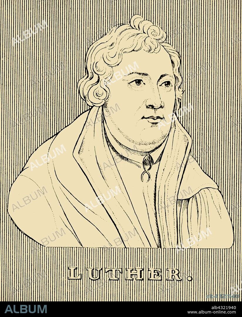 'Luther', (1483-1546), 1830. Martin Luther (1483-1546) German professor of theology, composer, priest, monk, and a seminal figure in the Protestant Reformation, excommunicated by Pope Leo X and condemned as an outlaw by the Holy Roman Emperor Charles V. From "Biographical Illustrations", by Alfred Howard. [Thomas Tegg, R. Griffin and Co., J. Cumming, London, Glasgow and Dublin, 1830].