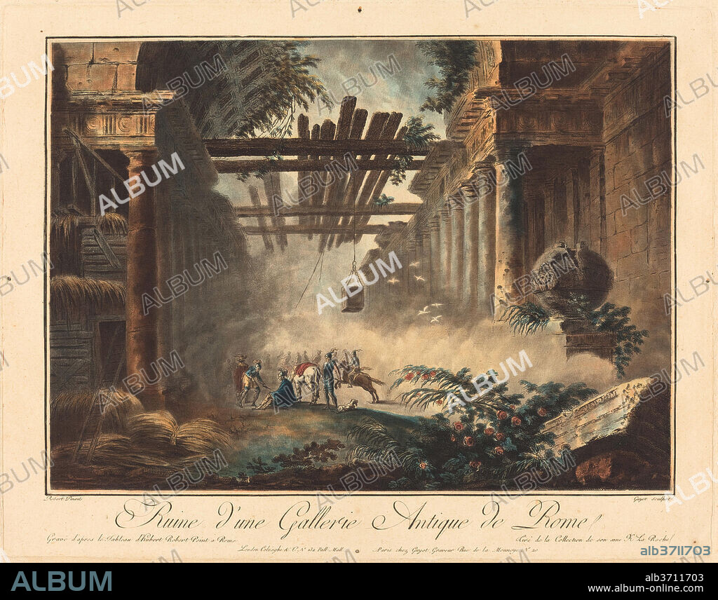 LAURENT GUYOT AFTER HUBERT ROBERT. Ruine d'une gallerie antique de Rome. Medium: color aquatint, etching and (roulette work?).