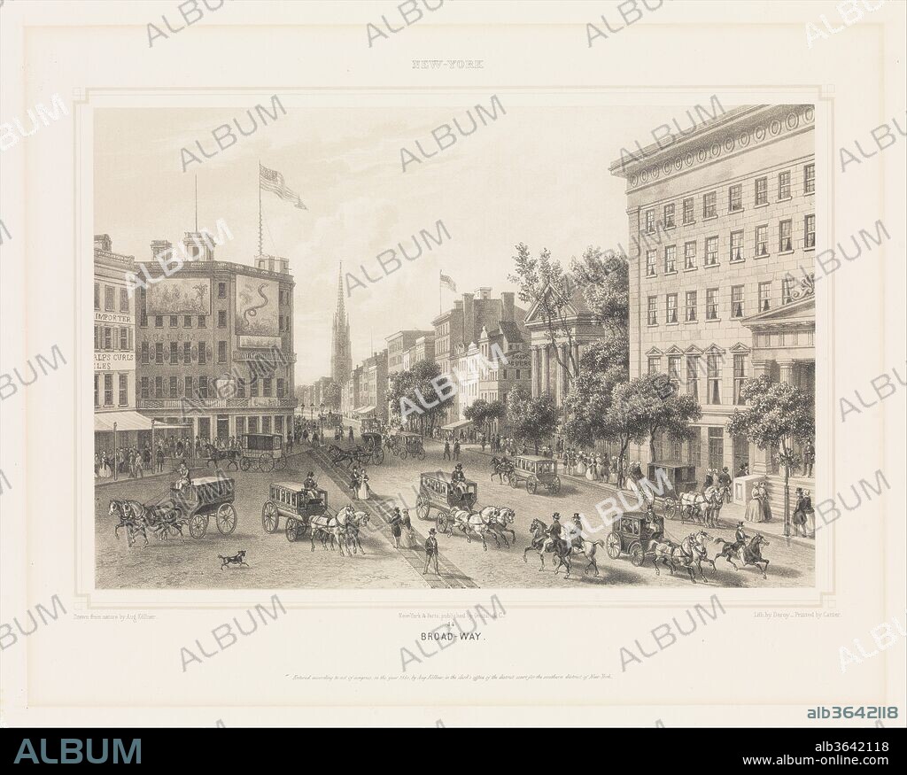 Broad-Way, New York. Artist: Augustus Köllner (American, born Wurttenburg, Germany 1812). Dimensions: Image: 8 1/16 × 11 3/4 in. (20.4 × 29.8 cm)
Sheet: 13 9/16 × 18 7/16 in. (34.4 × 46.8 cm). Lithographer: After Isidore-Laurent Deroy (French, 1797-1886). Printer: Cattier (Paris). Publisher: Goupil & Co.. Date: 1850.
A view looking south on Broadway from south of City Hall Park. At right is Astor House, or the Park Hotel, built in 1834, next to it St. Paul's Chapel and, in the distance, the spire of Trinity Church. A sign south of St. Paul's Chapel sign advertizes the daguerreotype studio of Mathew B. Brady (at the corner of Broadway and Fulton Street). On the left is Barnum's Museum at Broadway and Ann Street (a site that it occupied from 1830 to 1865).