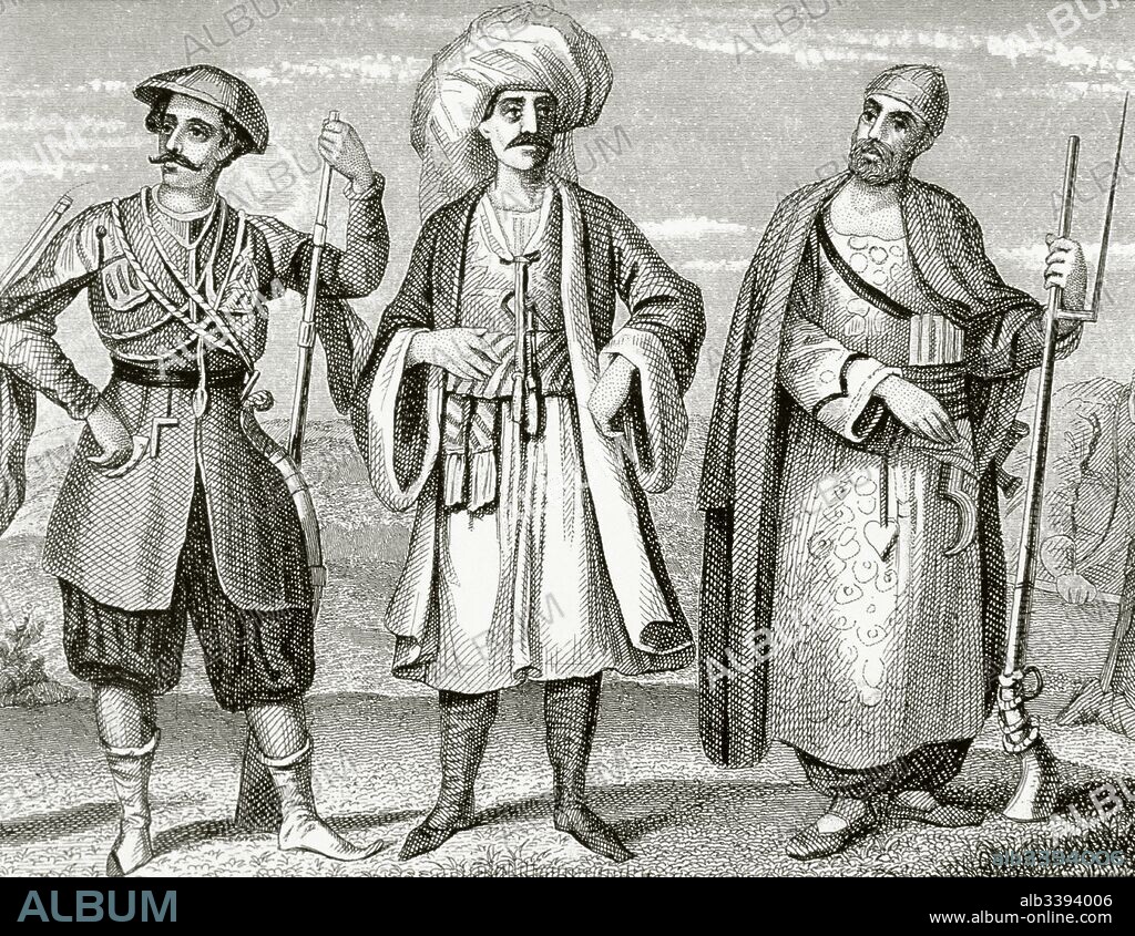 Imperio Otomano. Cuerpo militar de soldados Jenízaros. Creado en el siglo XIV por el Sultán Orjan Gazi y abolido en el siglo XIX. Grabado del siglo XIX.