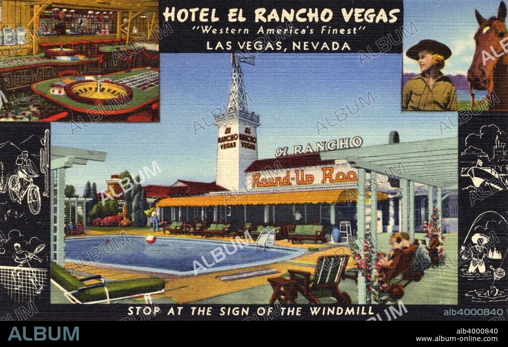 El Rancho Vegas Hotel, Las Vegas, Nevada, USA, 1948. Vintage linen postcard showing the hotel's swimming pool and the entrance to the Round-up Room. An inset shows the interior of a gaming room and another shows a portrait of a woman wearing a cowboy hat with her horse. El Rancho Vegas was the first hotel and casino to be built on what wouls become the Las Vegas Strip. It opened in 1941 but was destroyed by fire in 1960.