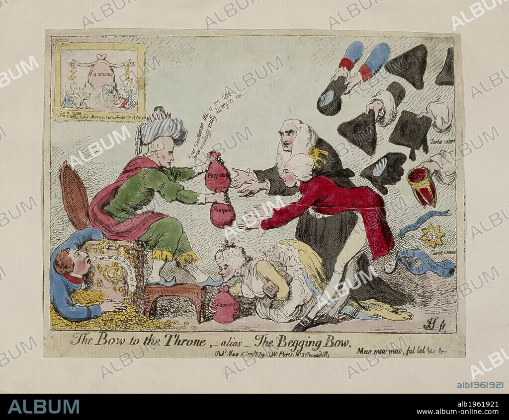 JAMES GILLRAY. The Bow to the Throne, - alias -, the Begging Bowl. 1788. Gillray transforms Sayers' original caricature, which derided Hastings' accusers (see P3313), into a diametrically opposite interpretation of events. Hastings, in oriental dress, sits on a commode decorated with an upturned crown, distributing bags of money to Edward Thurlow, the Lord Chancellor, and William Pitt, the Prime Minister. Queen Charlotte, clutching a sack of money, kisses Hastings' foot, while George III crouches in the corner with his hand in the commode, collecting the remaining coins.  Published : 1788 . Source: P3310.
