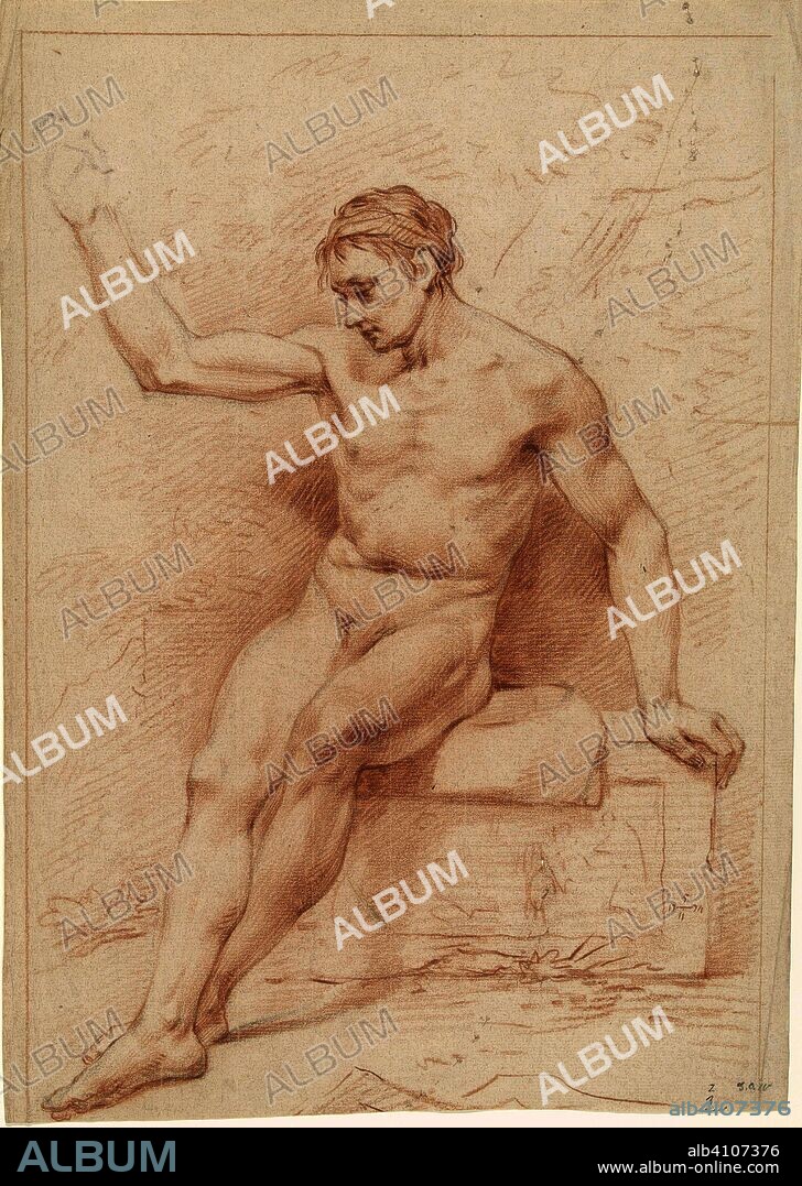 Seated male nude, the head to the left, the right arm raised. Draughtsman: anonymous. Dating: 11-May-1774. Measurements: h 436 mm × w 310 mm.