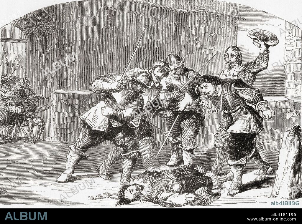The murder of Concino Concini on the bridge of the Louvre, Paris, France.   Concino Concini, 1er Marquis d'Ancre, 1575 -1617.   Italian politician and a minister of Louis XIII of France.  From Ward and Lock's Illustrated History of the World, published c.1882.