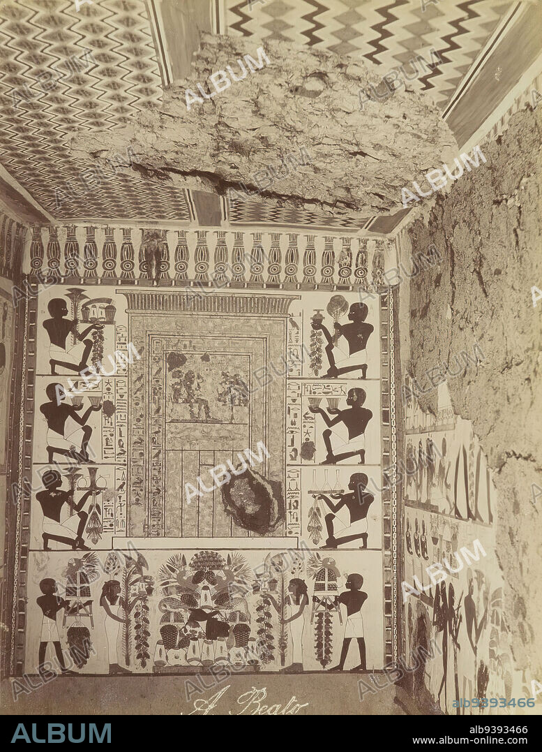 Tomb of Nakht at Thebes, View of painted wall and ceiling from tomb, Albumen silver photograph, late 19th century, image/sheet: 7 3/4 x 10 1/4 in., 19.7 x 26 cm, 18th Dynasty, 19th Century, Albumen silver photograph, Antonio Beato, Astronomer of Amun, Black and white, Egypt, Egyptian, False Door, Interior, Luxor, New Kingdom, Offering scene, Scribe, Theban Tomb No. 52, Thebes, Tomb of Nakht, Wall painting, wall paintings.