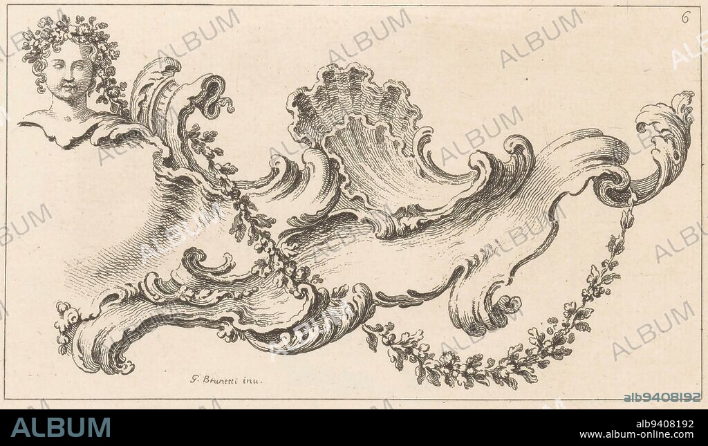 A rocaille ornament with a female bust with garland at top left, Rocaille with female bust Sixty Different Sorts of Ornaments (...) (series title), print maker: Henry Fletcher, print maker: Jean La Rocque, Gaetano Brunetti, (mentioned on object), London, 1736 - 1737, paper, etching, h 101 mm - w 173 mm.