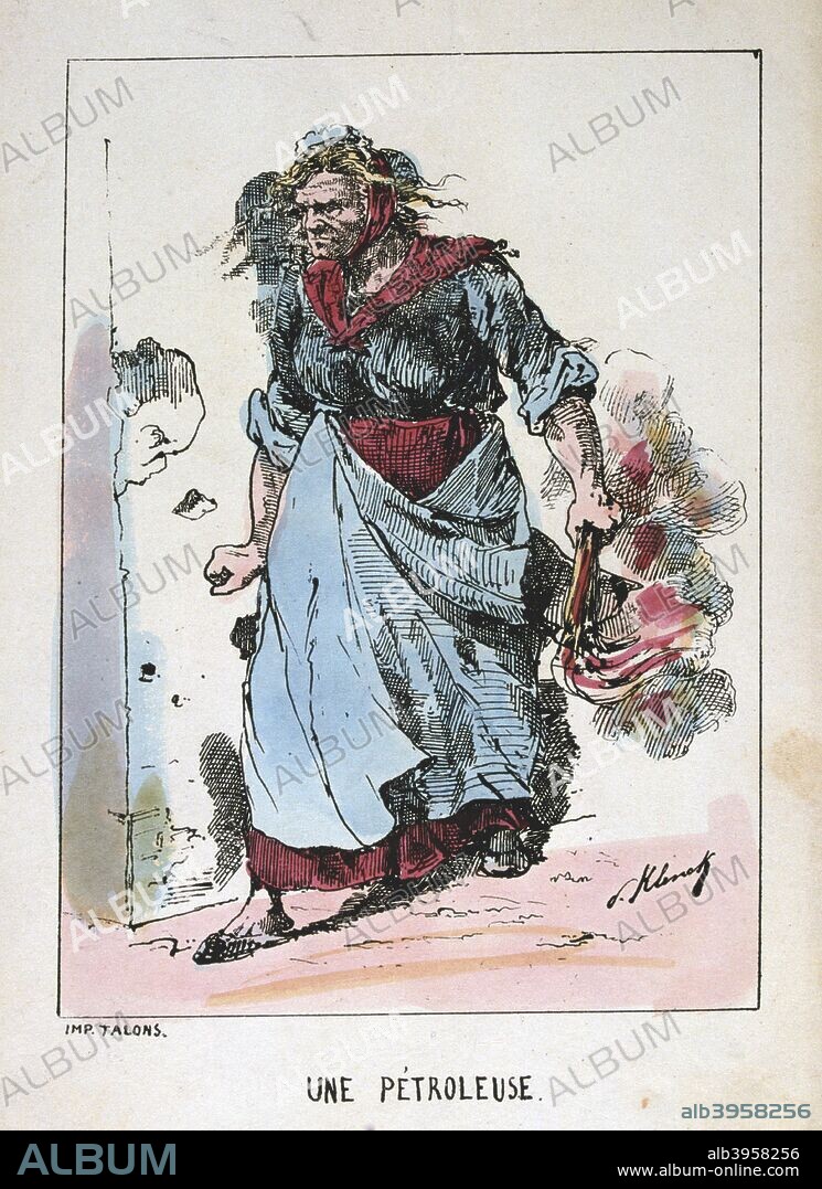 'Une Petroleuse', Paris Commune, 1871. Cartoon from a series titled Types de la Commune. Petroleuses were women extremists who used petroleum to set fire to buildings during the Paris Commune. The Commune was established when the citizens of Paris, many of them armed National Guards, rebelled against the policies of the conservative government formed after the end of the Franco-Prussian War. The left-wing regime of the Commune held sway in Paris for two months until government troops retook the city in bloody fighting in May 1871. The events of the Commune were an inspiration to Karl Marx as well as later communist leaders including Lenin, Trotsky and Mao. From a private collection.