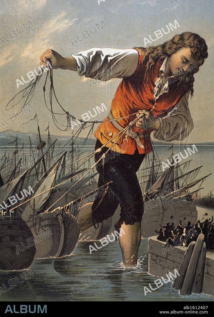 Gulliver in Lilliput Captures the Invading Fleet From "Gulliver's Travels"  19th Century  Artist Unknown   Chromolithograph   Stock Montage, Inc.