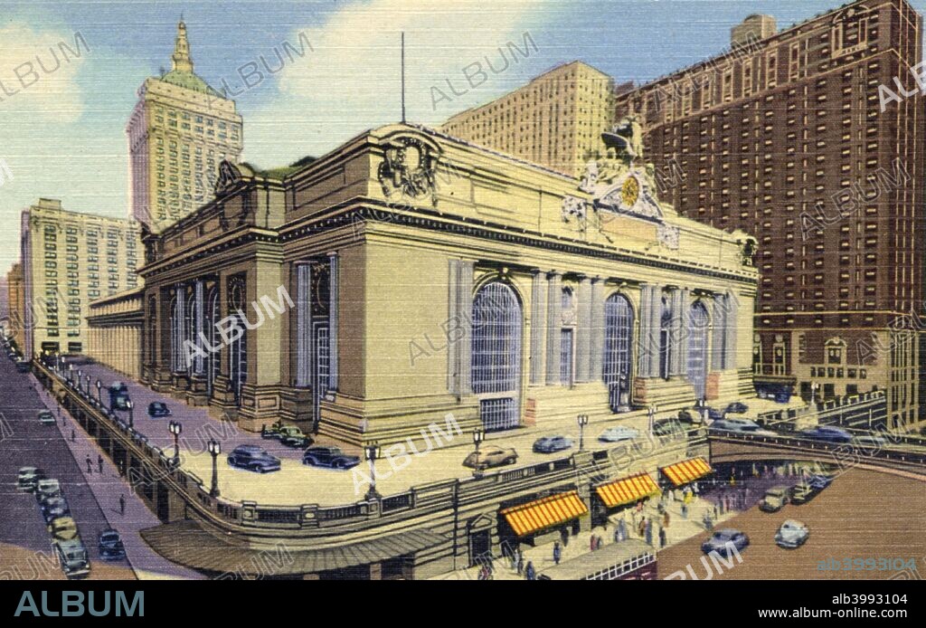 Grand Central Terminal, New York City, New York, USA, 1951. Vintage linen postcard showing the front of Grand Central Station and the busy street in front of the building. Pedestrians and cars are visible. The largest railway station in the world by number of platforms, Grand Central Terminal was built between 1903 and 1913. It was designed by architectural firms Reed and Stem and Warren and Wetmore.